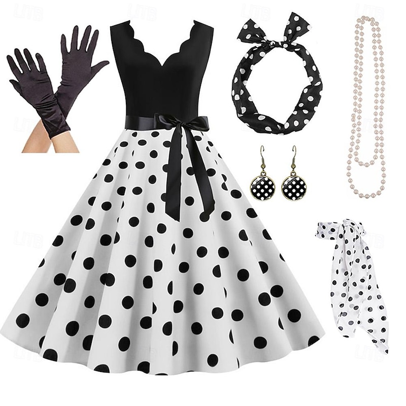 Elegant Retro Vintage 1950s Grease Outfits A-Line Dress Swing Dress Flare Dress Polka Dot Fancy Dress Women's Party / Evening Adults' Dress Gloves Earrings
