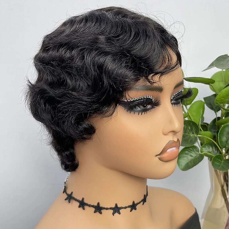 Short Wigs Human Hair Wigs For Women Pixie Cut Human Hair Finger Wave Wig Natural Color Glueless Human Hair Wig Machine Made2