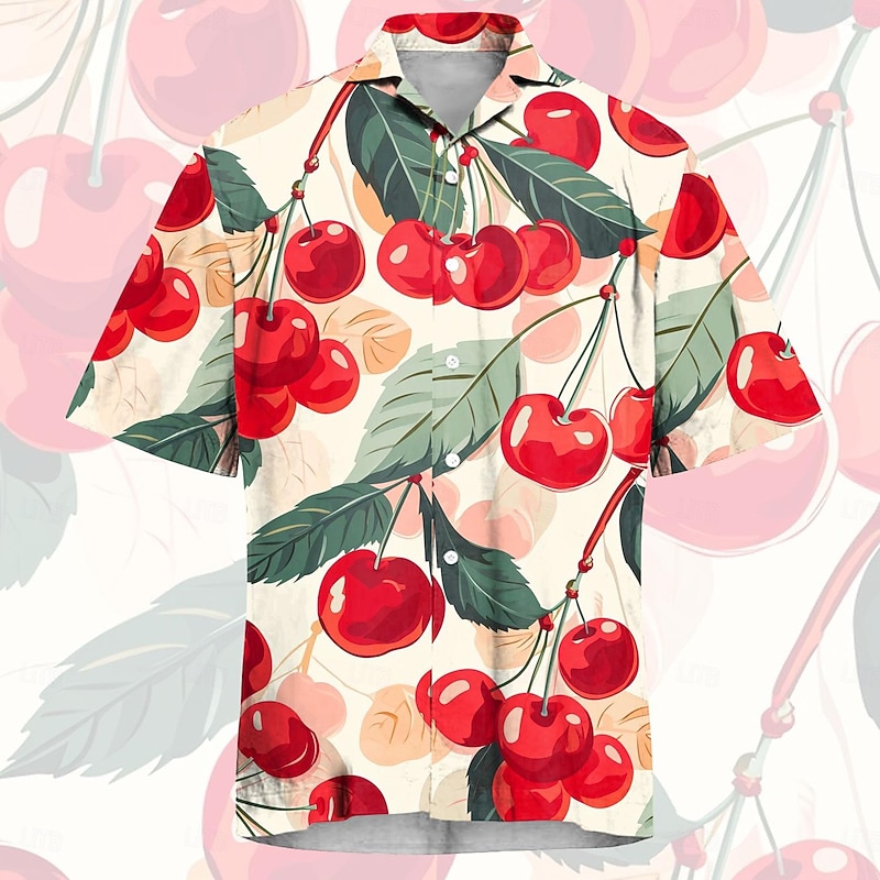 Men's Fruit Cherry Summer Hawaiian Shirt Aloha Shirt Short Sleeves Shirt Turndown Casual Outdoor Vacation Street Yellow Red Green S M L3
