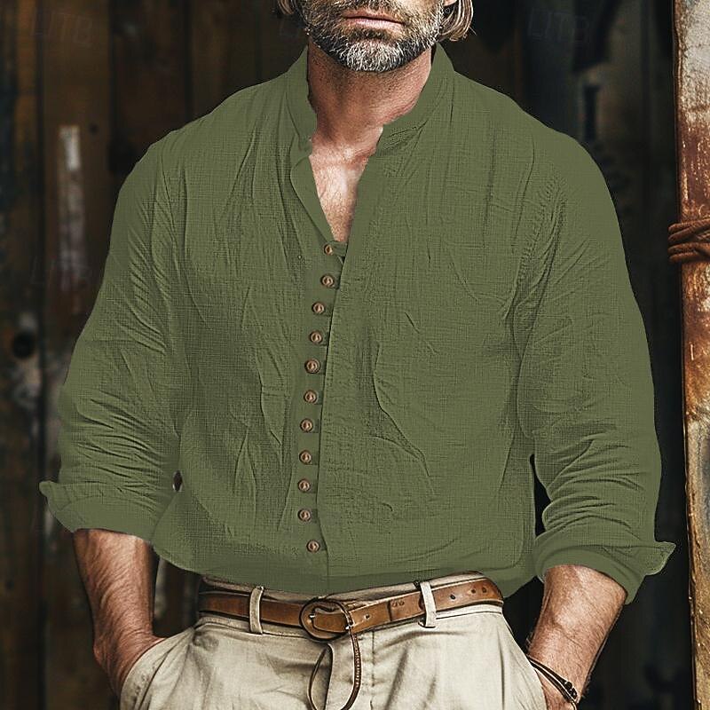 Men's Shirt Linen Shirt Band Collar Shirt Summer Shirt Beach Wear Casual Shirt Plain Casual Daily Black White Green Long Sleeve Stand Collar Spring & Summer Clothing Apparel