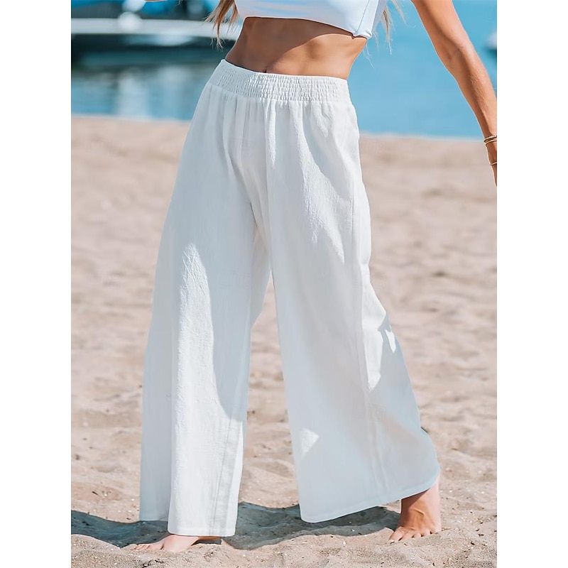 Women's Wide Leg Pants Trousers Streetwear Casual Long High Waist Plain Elastic Waist High Cut Breathability Soft Micro-elastic Vacation Street Daily Wear White Summer Spring Regular Fit