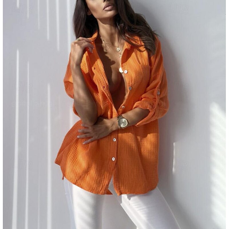Women's Shirt Linen-Inspired Shirts Button Up Blouse Plain Fashion Shirt Collar Street Daily Buttons Pocket Pink Red Blue Orange Gray Summer4