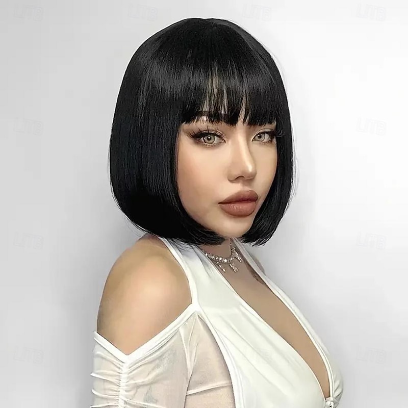 Brazilian Human Hair Wig with Bangs Remy Straight Hair Bob Wigs Full Machine Made Wig for Women 8-14Inches Glueless Bob Wig4