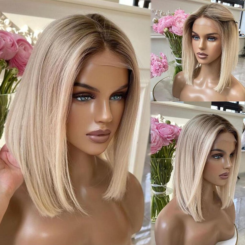 Remy Human Hair 13x4 Lace Front Wig Short Bob Brazilian Hair Straight Multi-color Wig 130% 150% Density with Baby Hair Ombre Hair 100% Virgin Pre-Plucked For Women Long Human Hair Lace Wig