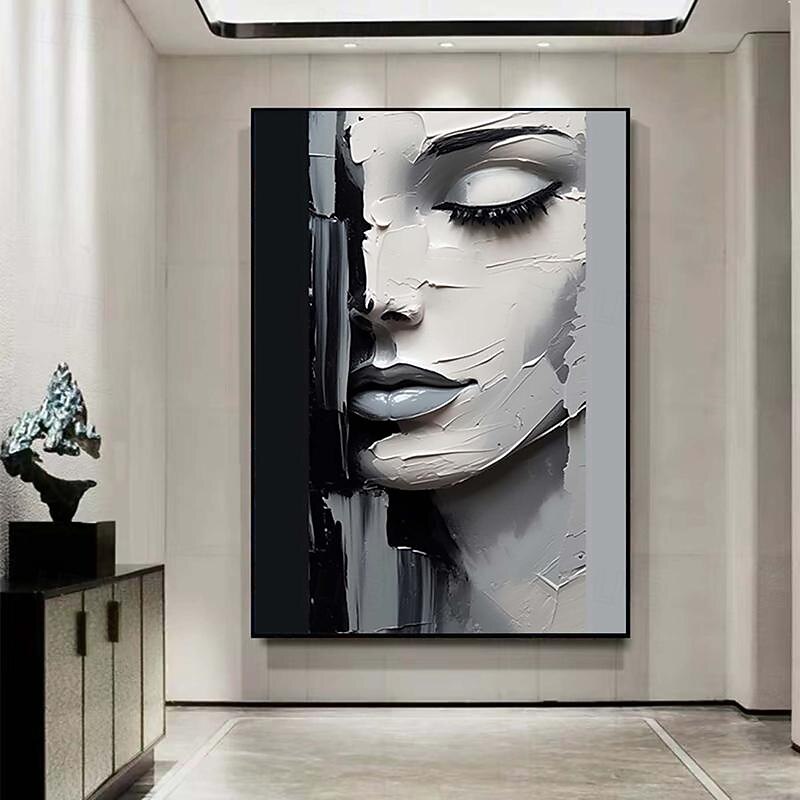 Canvas Art Painting Abstract Women Figure Hand painted Black and White Figure Wall Art Picture Home Decor Girl Face Girl's Room Home Decor Stretched Frame Ready to Hang4