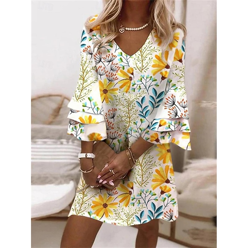 Women's Mini Dress Casual Dress Summer Dress Boho Dress Stylish Casual Vacation Daily Regular Fit Floral 3/4 Length Sleeve V Neck Yellow Pink Blue Light Blue Summer