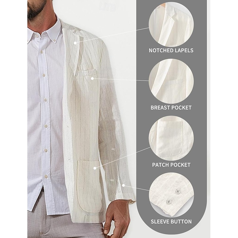 100% Linen Men's Linen Blazer Blazer Business Formal Evening Wedding Party Fashion Casual Spring &  Fall Stripes Pocket Casual / Daily Single Breasted Blazer White Navy Blue Coffee