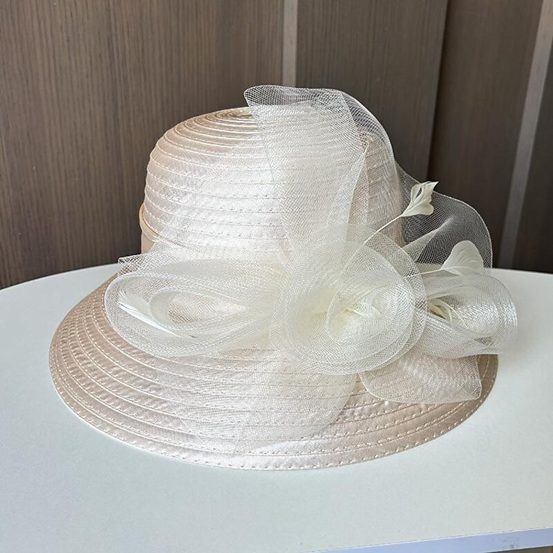Fascinators Hats Headwear Polyester Organza Bucket Hat Floppy Hat Sun Hat Casual Holiday Elegant Vintage With Feather Flower Headpiece Headwear4