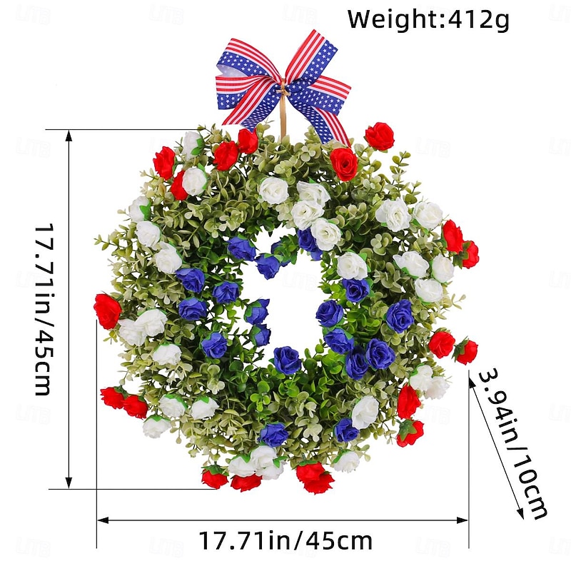 Patriotic Wreath for Front Door 4th of July Independence Day Red White and Blue Decoration, Faux Floral Grapevine Ring with American Flag Elements, Wholesale Party Decor for Porch or Wall2