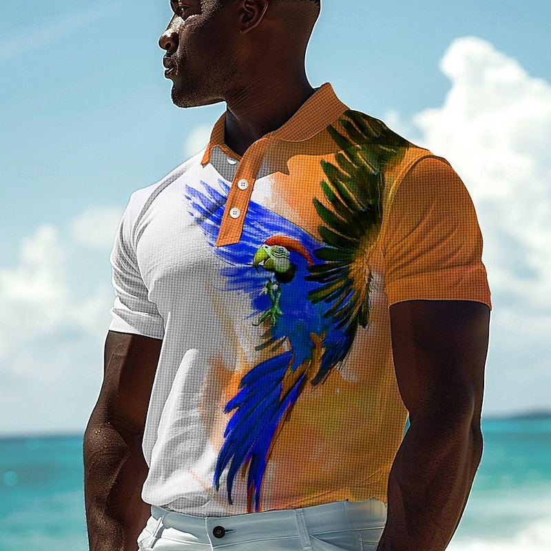 Kentucky Derby Men's Parrot Golf Shirt Short Sleeve Polo Shirts Collared Shirts Casual Beach Wear Vacation Wear Tropical Wear Party Outfits Buttons 3D Print Summer Spring Blue Orange4