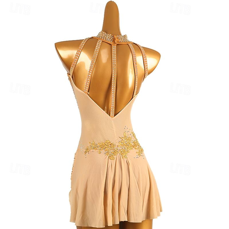 Figure Skating Dress Women's Girls' Ice Skating Dress Champagne Patchwork Open Back Mesh High Elasticity Training Competition Skating Wear Classic Sleeveless Ice Skating Figure Skating4