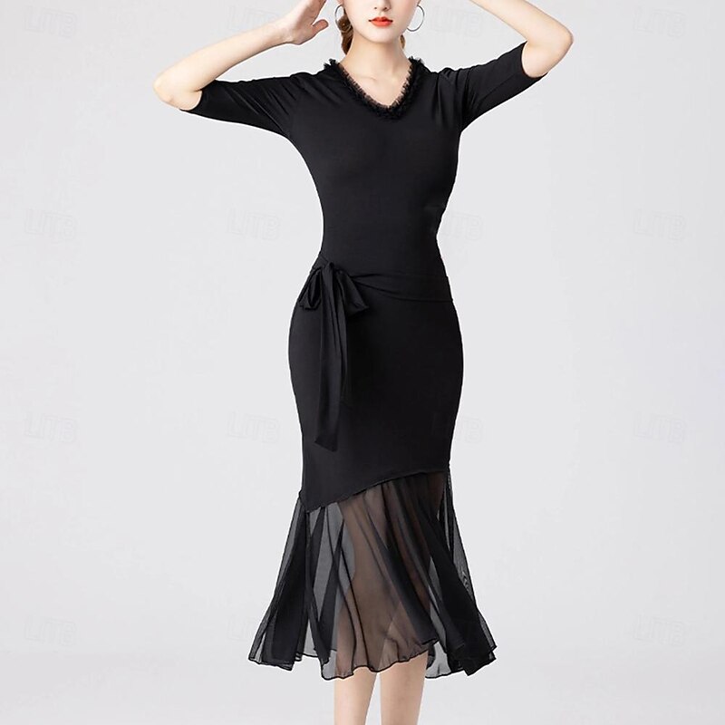 Latin Dance Ballroom Dance Dress Pure Color Splicing Tulle Women's Performance Training Half Sleeve High Cotton Blend