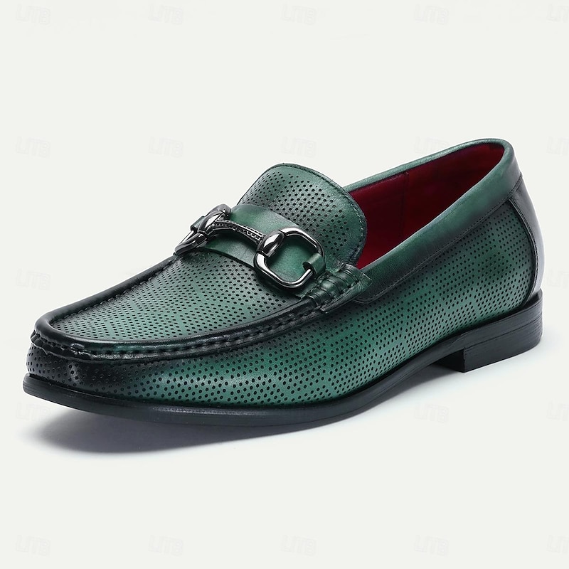 Men's Loafers Perforated Green Leather Silver Horsebit2