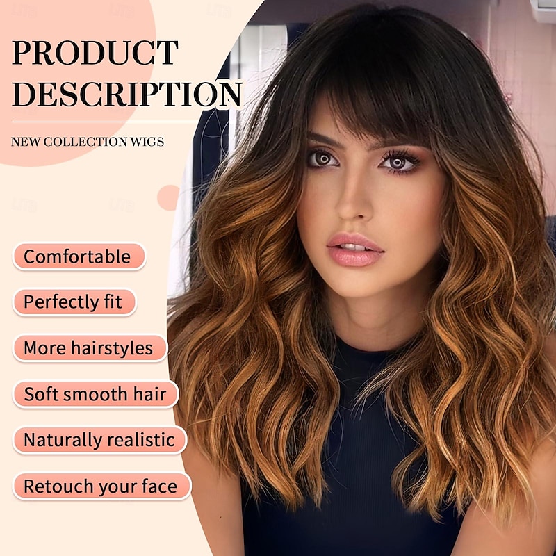 Short Wavy Brown Wig with Bangs Short Ombre Brown Light Brown Burgundy Black Blonde Bob Wigs for Women Wavy Bob Wig with Bangs Synthetic Natural Looking Wigs 14 inch2