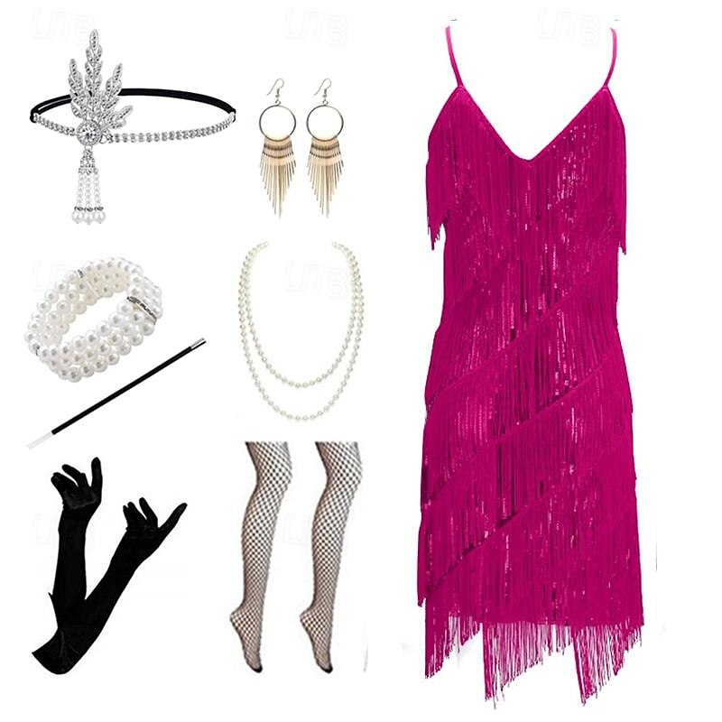 Roaring 20s 1920s Vintage Inspired Outfits Party Costume Masquerade Sleeveless The Great Gatsby Wedding Guest Tassel Fringe Solid Color Tassel V Neck Fancy Dress Women's Halloween Carnival Masquerade2