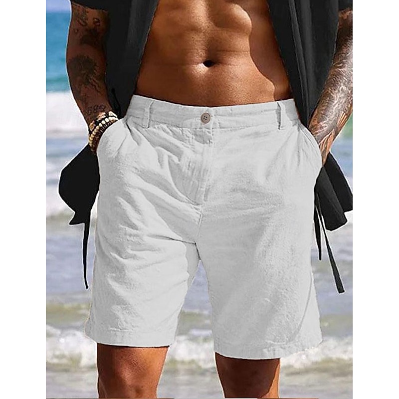 Men's Shorts Linen Shorts Summer Shorts Beach Shorts Pocket Plain Comfort Soft Outdoor Daily Going out Fashion Casual White Blue