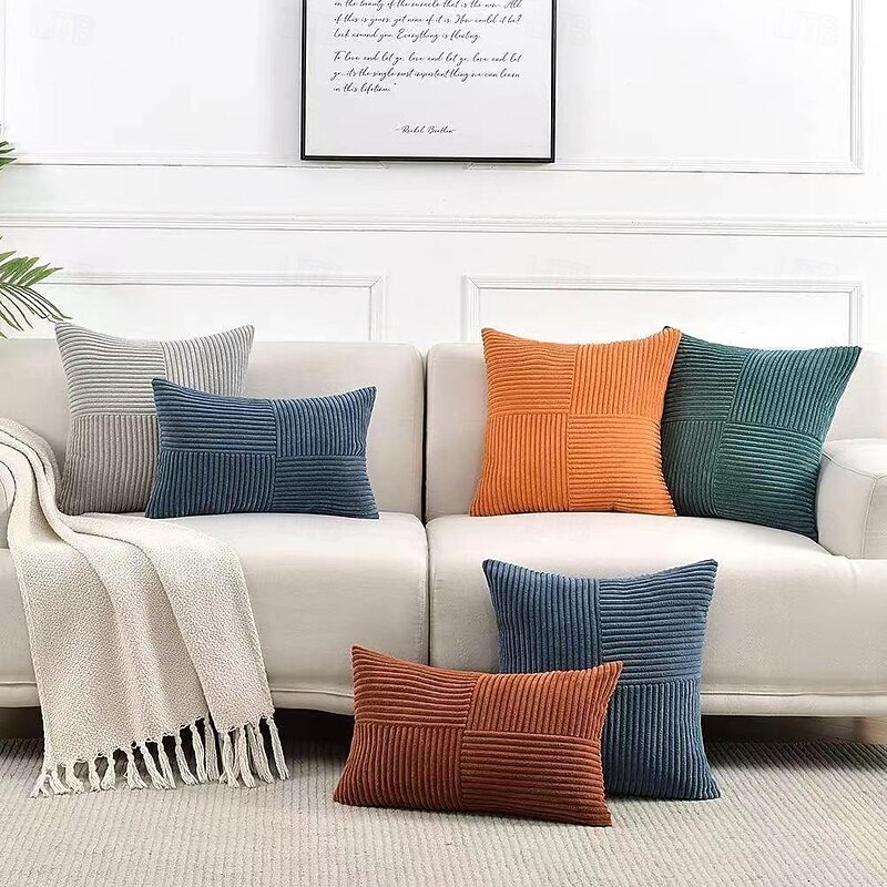 Plush Cross-Stitched Corduroy Decorative Toss Pillows Cover Bohemian Rustic Decor Soft Square Cases for Sofa Bed4