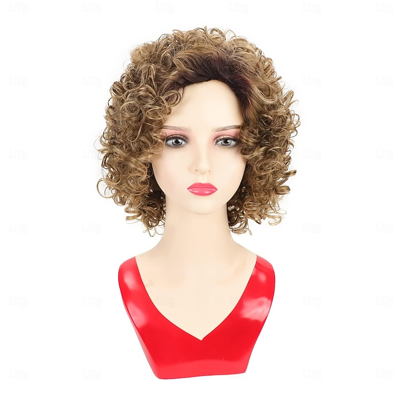 Short Brown Curly Wigs for Women Mixed Blonde Synthetic Wig Bouncy Curly Hair Replacement Wig Curly Wig with Dark Roots Sliver Blonde Grey2