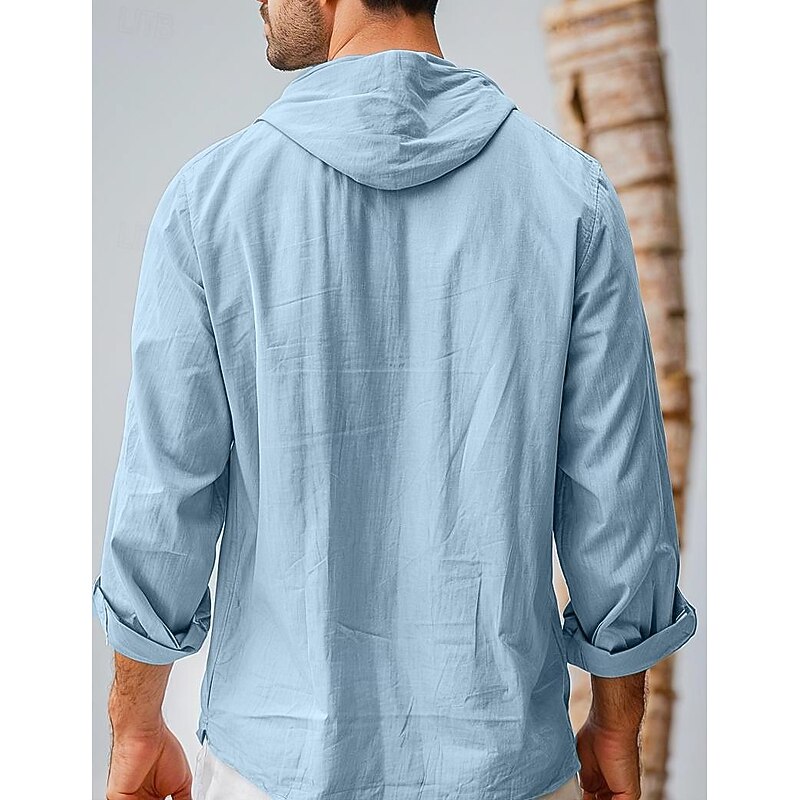 Men's Shirt Linen Shirt Plain Casual Daily Black White Blue Khaki Long Sleeve Hooded Spring & Summer Clothing Apparel Buttons2