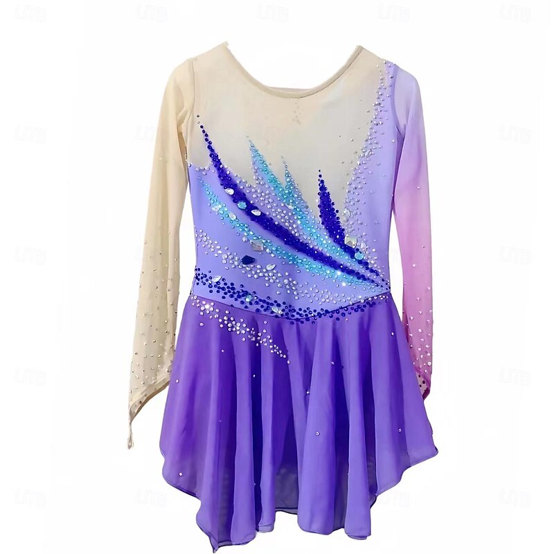 Figure Skating Dress Women's Girls' Ice Skating Dress Purple Thumbhole Halo Dyeing Mesh Spandex Stretchy Training Practice Professional Skating Wear Thermal Warm Classic Crystal / Rhinestone Long2