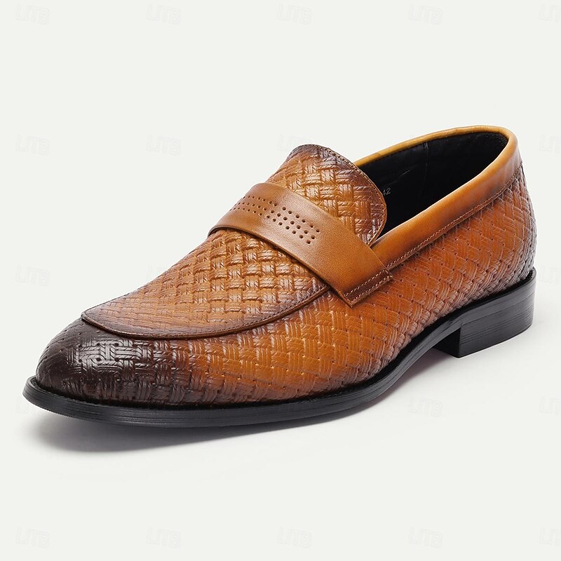 Elegant Men's Woven Leather Loafers with Contrast Strap - Sleek Dress Shoes for Formal Occasions2