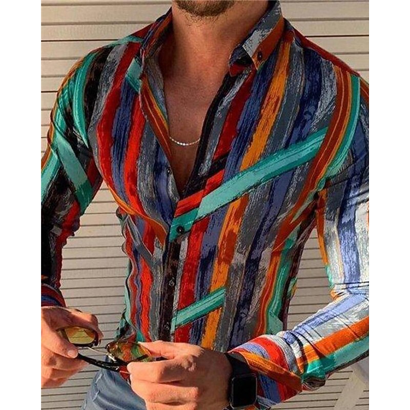 Men's Shirt Summer Shirt Casual Shirt Beach Shirt Button Up Shirt Blue Red Dark Blue Light Blue Long Sleeve Stripes Lapel Vacation Hawaiian Button-Down Clothing Apparel Polyester Fashion Casual4