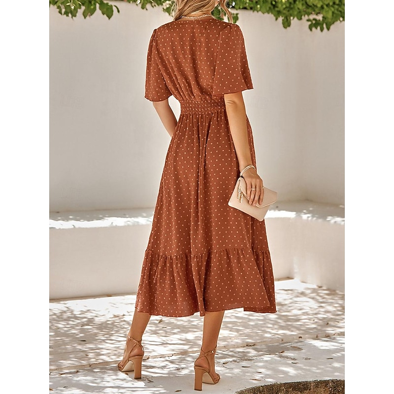 Women's Casual Dress Midi Dress Ruffle Trim Date Vacation Streetwear Casual V Neck Half Sleeve Brown Green Apricot Color2