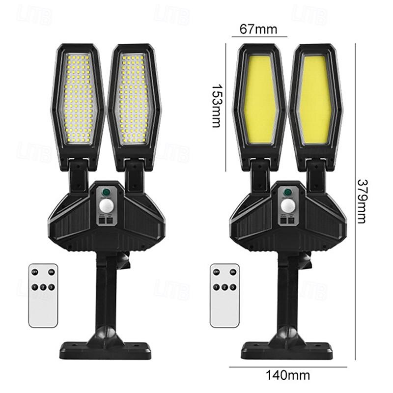 Solar Flood Lights Street Light, COB Solar Power 2 Heads Remote Control 270° Motion Sensor Street FloodLight Wall Lamp Waterproof for Outdoor Garden Security3