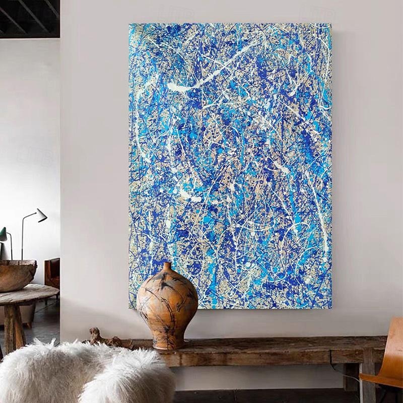Handpainted Jackson Pollock Abstract Illustration Painting Blue White Lines Canvas Painting For Living Room Wall (No Frame)2