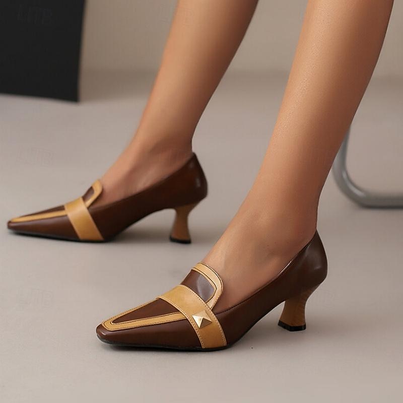 Women's Vintage Mid Heel Loafers – Brown Pointed Toe Slip-On Pumps with Contrast Strap – Elegant Office & Casual Dress Shoes