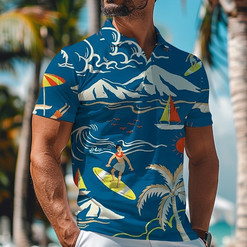Kentucky Derby Men's Resort Hawaiian Polo Shirts Golf Shirt Short Sleeve Polo Shirts Collared Shirts Beach Wear Vacation Wear Tropical Wear Party Outfits Buttons 3D Print Spring & Summer Lake blue4