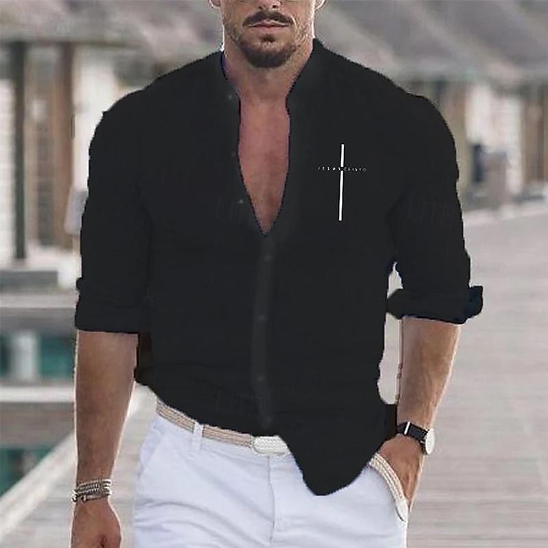 Men's Shirt Cotton Linen Shirt White Cotton Shirt Chinese Collar Shirt Mandarin Collar Shirt Casual Shirt Cross Vacation Hawaiian Black White Blue Long Sleeve Grandad Collar Spring &  Fall Clothing3