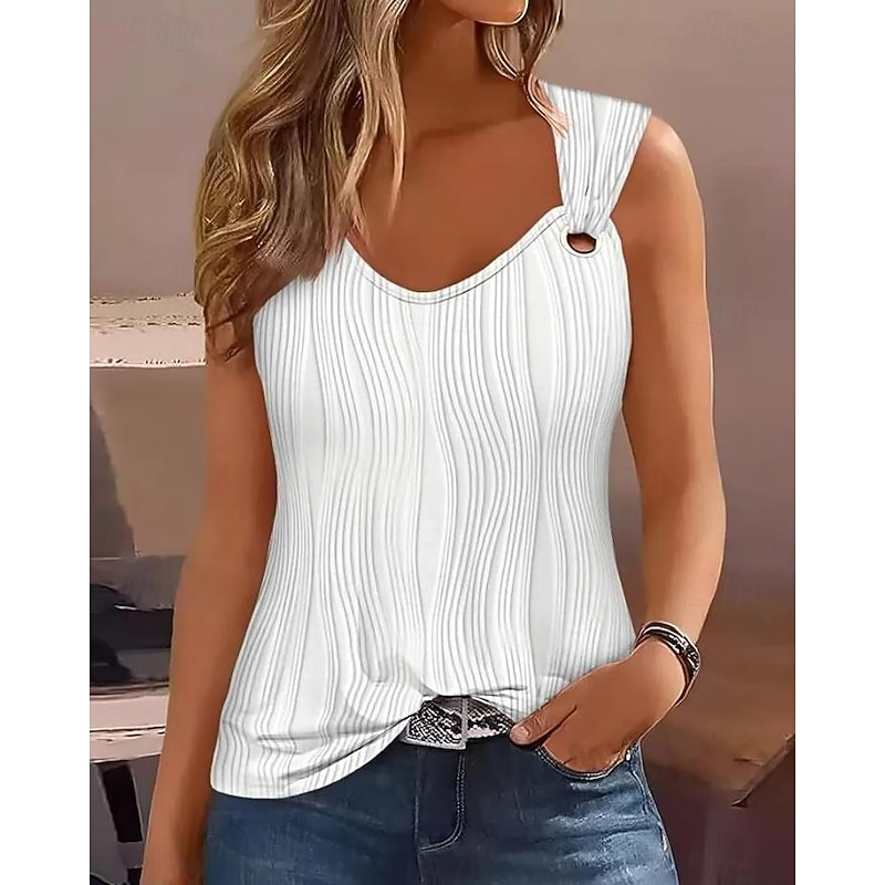 Women's Camisole Tank Top Striped Sleeveless Top One-Shoulder Buttoned Asymmetrical Neckline Casual Blouse for Summer Social Gatherings White