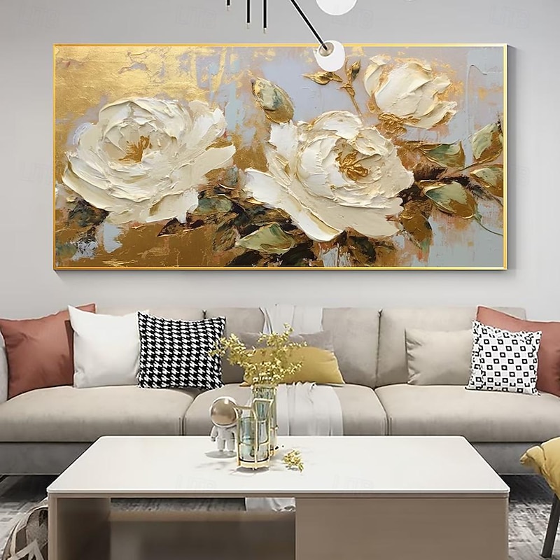 Mintura Handmade Gold Floral Oil Paintings On Canvas Large Wall Art Decoration Modern Abstract White Flower Picture For Home Decor Rolled Frameless Unstretched Painting2