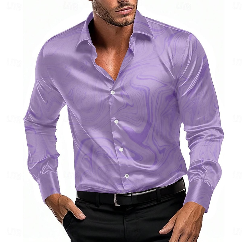 Men's Satin Shirt Dress Shirt Button Up Shirt Formal Daily White Navy Blue Purple Long Sleeve Turndown Summer Spring Clothing Apparel Buttons - Main Image