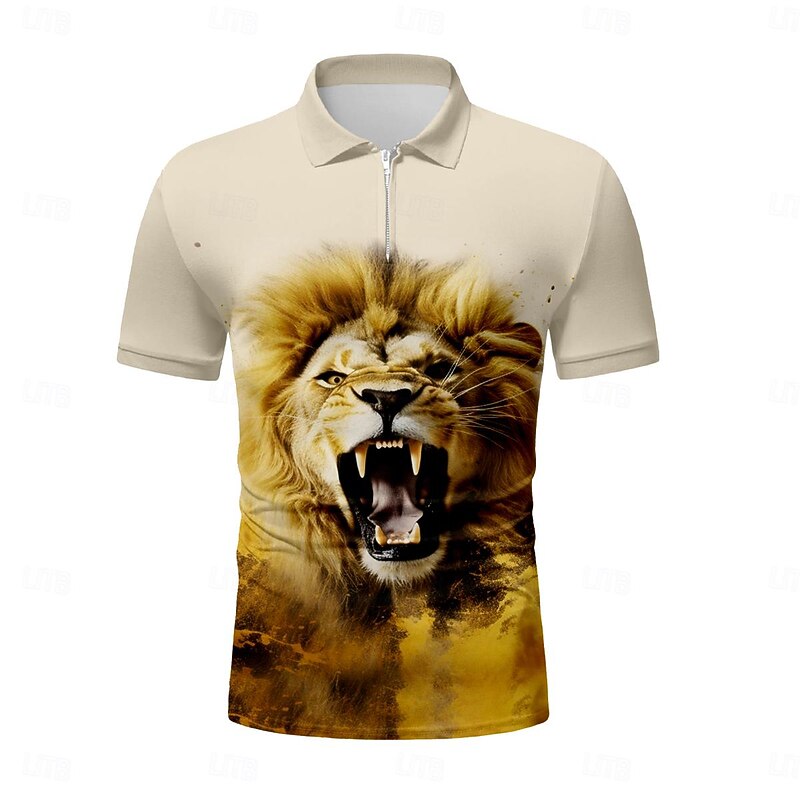 Men's Lion Zip Polo Shirts Golf Shirt Short Sleeve Polo Shirts Collared Shirts Casual Funny Streetwear Vacation Wear Party Outfits 3D Print Quarter Zip Polo Summer Light Yellow2