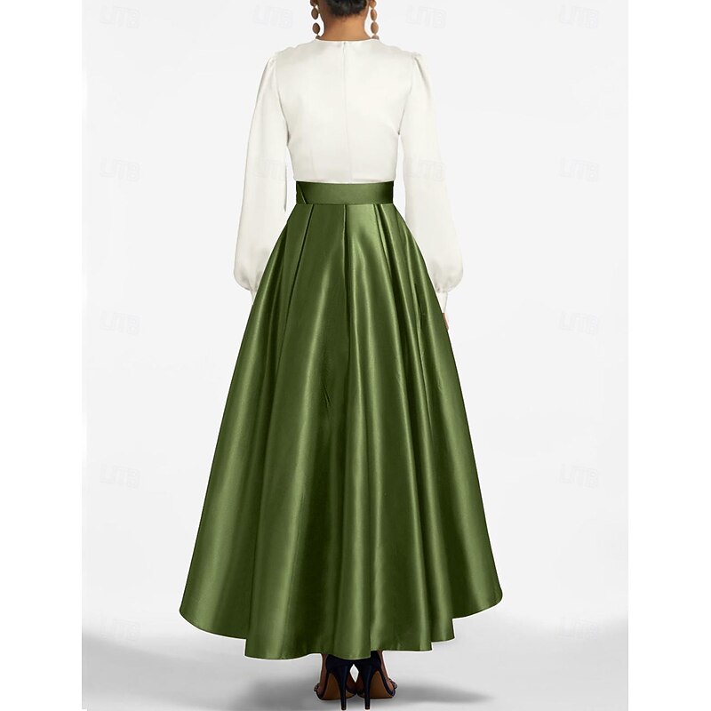 A-Line Evening Gown High Split Dress Formal Wedding Guest Asymmetrical Long Sleeve V Neck Belt / Sash Satin with Pleats Slit3