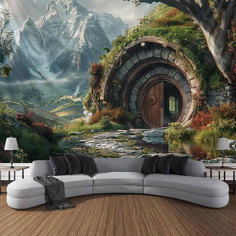 Hobbit Tree Houses Hanging Tapestry Wall Art Large Tapestry Mural Decor Photograph Backdrop Blanket Curtain Home Bedroom Living Room Decoration2