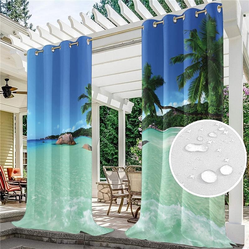 Waterproof Outdoor Patio Curtains Grommet Top, Extra Long, Light Blocking, Thermal Insulated, Ocean Beach Design - Privacy Protection Blackout Drapes for Front Porch, Sliding Door, Gazebos (2 Panels)2