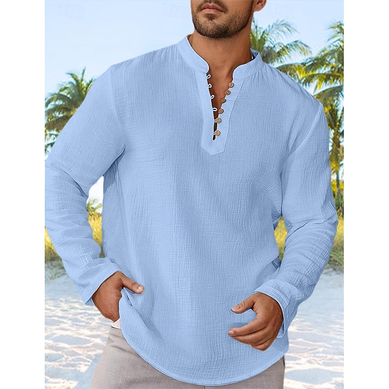 Men's Shirt Summer Shirt Beach Wear Casual Shirt Band Collar Shirt Button Up Shirt Black White Blue Long Sleeve Plain Band Collar Vacation Daily Splice Clothing Apparel Cotton Cotton Blend Fashion4