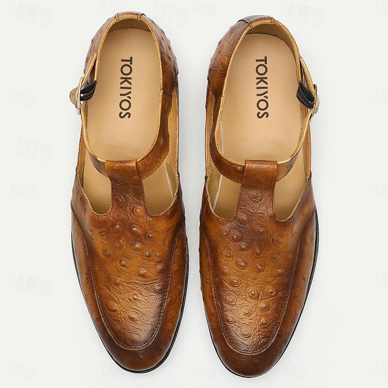 Men's Premium Cowhide T-Strap Dress Sandals – Vintage Leather Formal Shoes with Buckle Closure for Office and Wedding Wear2