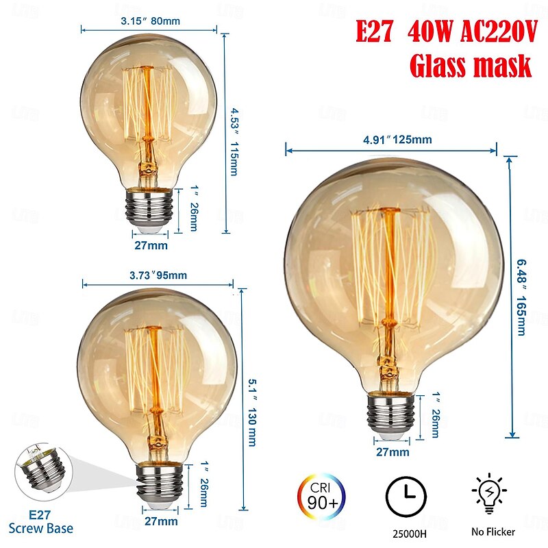 1/2pcs 40W Edison Bulb G80 G95 G125 Dimmable Retro Bulb E27/E26 Base Antique Straight Bulb Amber Glass 2200k Warm Yellow Incandescent Bulb Used for Home Lighting Decoration AC110V AC220V4