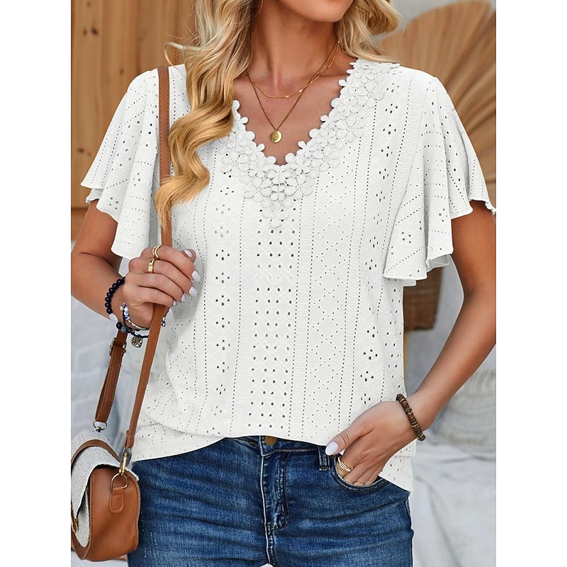 Women's White Elegant Lace Tops Eyelet Blouse Short Sleeve Flutter Sleeve Crew Neck Lace Form Fit Romantic Petite Tops Summer Holiday Wear Black White Pink Blue Summer4