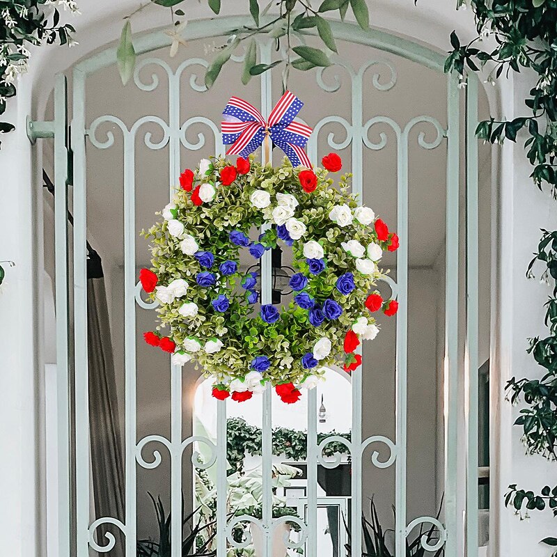 Patriotic Wreath for Front Door 4th of July Independence Day Red White and Blue Decoration, Faux Floral Grapevine Ring with American Flag Elements, Wholesale Party Decor for Porch or Wall4