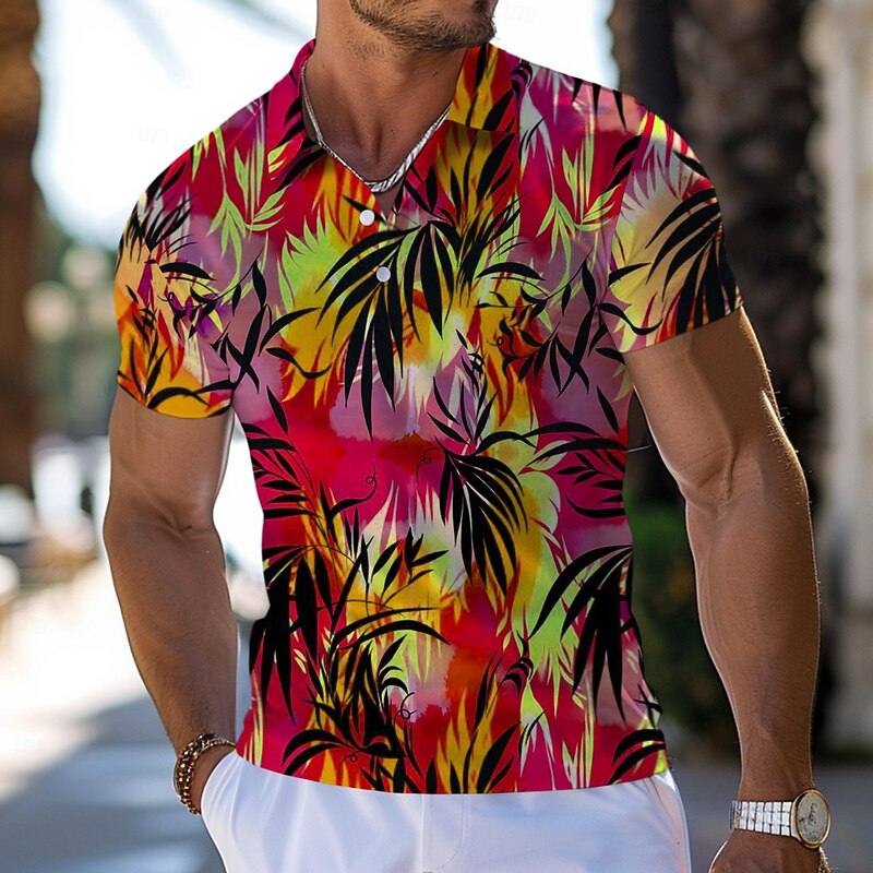 Kentucky Derby Men's Palm Tree Hawaiian Polo Shirts Golf Shirt Short Sleeve Polo Shirts Collared Shirts Beach Wear Vacation Wear Tropical Wear Party Outfits Buttons 3D Print Spring & Summer Pink Blue4