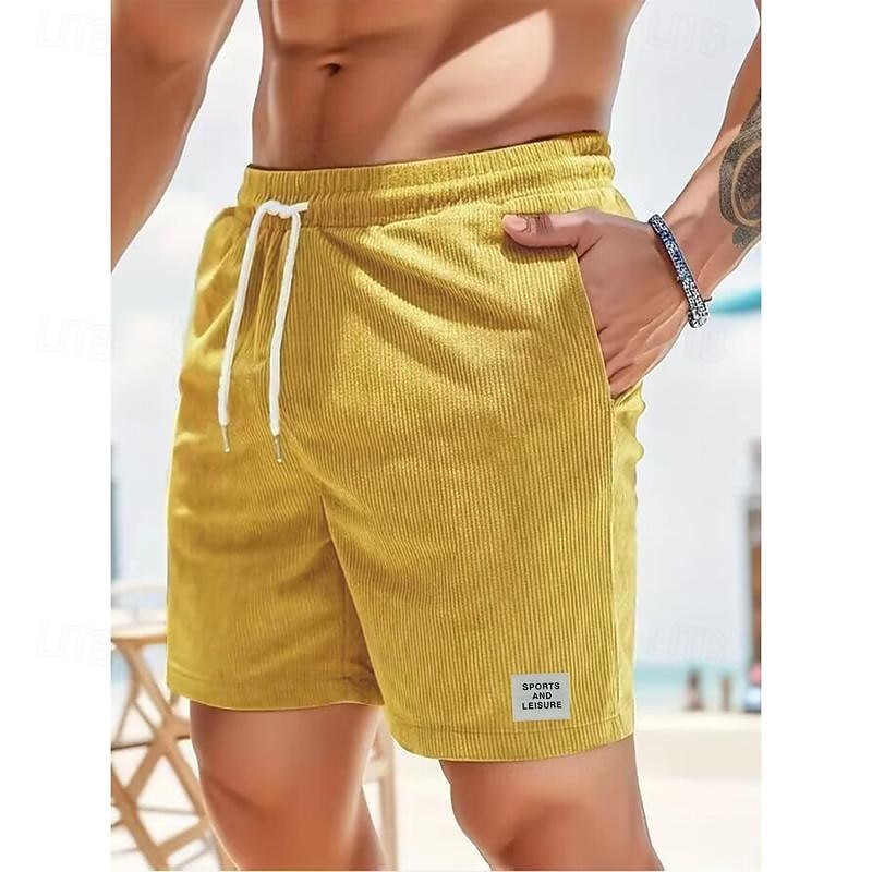 Men's Shorts Casual Shorts Corduroy Shorts Pocket Drawstring Elastic Waist Plain Comfort Short Holiday Beach Weekend Fashion Casual Black Yellow Micro-elastic - Main Image