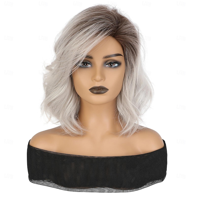 Curly Wavy Short Bob Wig With Bangs For Girls Women Daily Use Shoulder Length Side Part Synthetic Hair Replacement Wigs Natural Looking 12 inch2