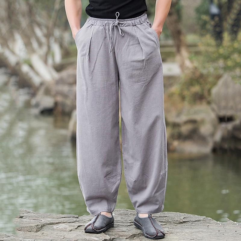 Men's Linen Pants Trousers Summer Pants Beach Pants Pocket Drawstring Elastic Waist Plain Comfort Breathable Daily Holiday Vacation Hawaiian Boho Black Navy Blue