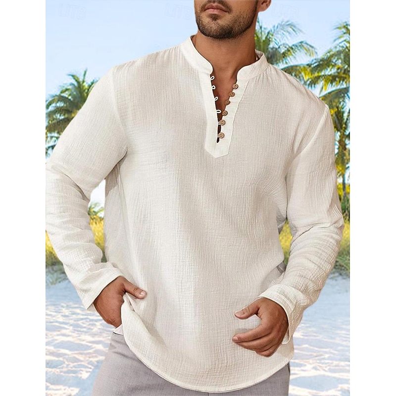 Men's Shirt Summer Shirt Beach Wear Casual Shirt Band Collar Shirt Button Up Shirt Black White Blue Long Sleeve Plain Band Collar Vacation Daily Splice Clothing Apparel Cotton Cotton Blend Fashion2