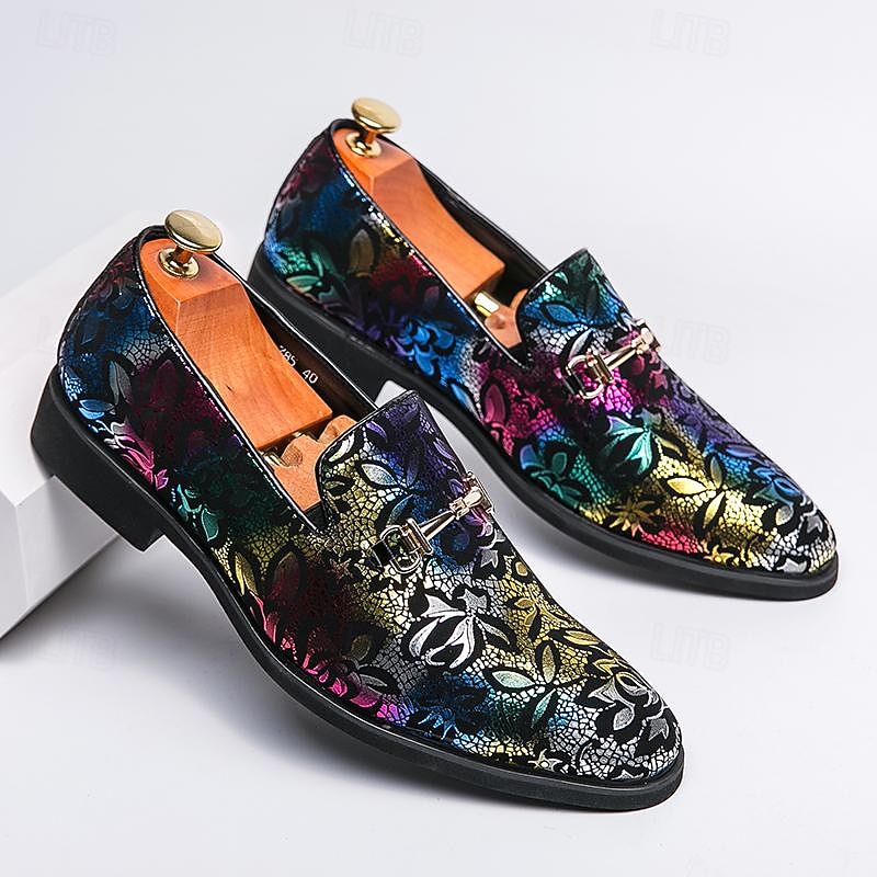 Men's Multicolor Floral Pattern Loafers - Faux Leather Slip-On Shoes with Metal Buckle for Parties, Weddings, and Formal Occasions3